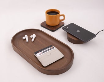 Mens Wooden Valet Tray, Key Plate, Oblong Catchall, New Business Gift for Him