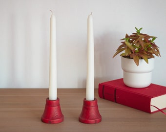 Red Wooden Candle Holders, Modern Christmas Candle Holders, Set of Two, Christmas Gift for Her, Tabletop Decor for Christmas