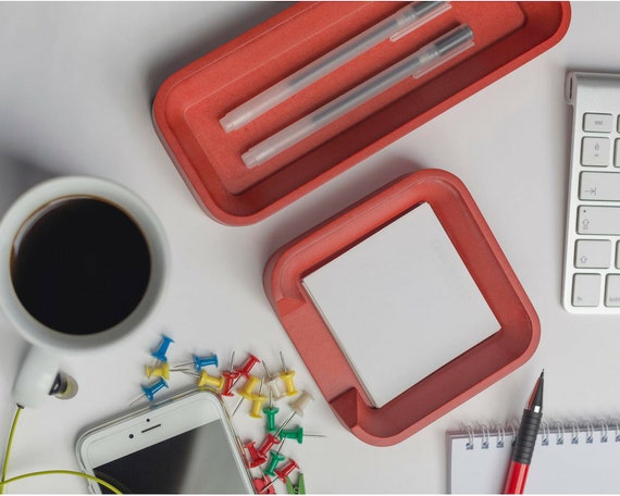 Red Desk Organizer Set Wood Desktop Organiser Pen Tray Memo Etsy