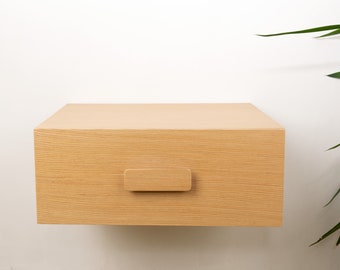 Scandinavian Oak Floating Bedside Table with One Drawer, Wall Mounted Nightstand with Wooden Handle