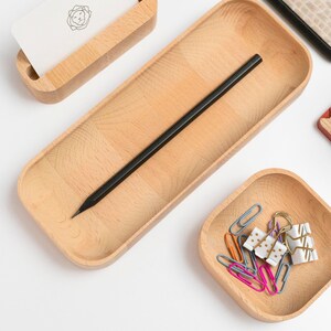 Beechwood Pen Tray, Wood Pencil Holder for Desk, Key Tray, Wooden Desk Organizer, Office Desktop Accessories, Work From Home, New Job Gift image 5