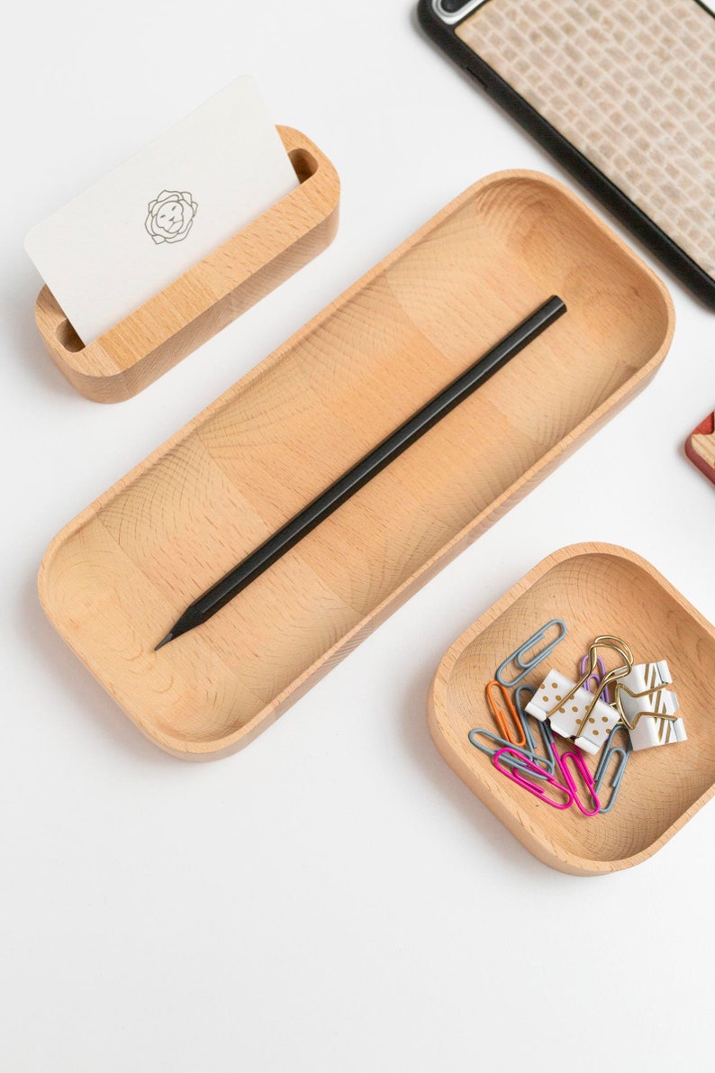 Beechwood Pen Tray, Wood Pencil Holder for Desk, Key Tray, Wooden Desk Organizer, Office Desktop Accessories, Work From Home, New Job Gift image 5