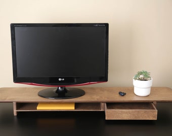 Soporte para dos monitores hecho a mano: Estante de escritorio de madera de abedul con almacenamiento