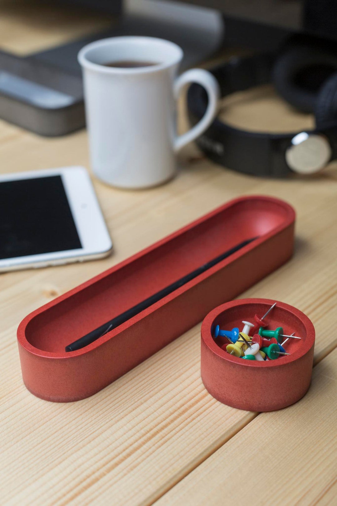 Red Desk Accessory Set Red Desk Organization Set of Two, Office Desktop Accessories, Modern ...