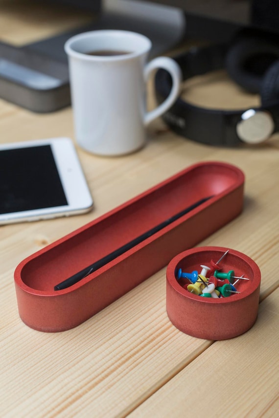 Red Wood Desktop Organizer Set Minimalist Clear Desk Etsy
