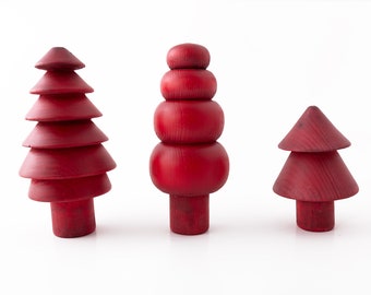 Red Hand Turned Christmas Tree Set, Christmas Decorations, Lathe Turned Wooden Holiday Tree, Wooden Shelf Decor, Set of Three,