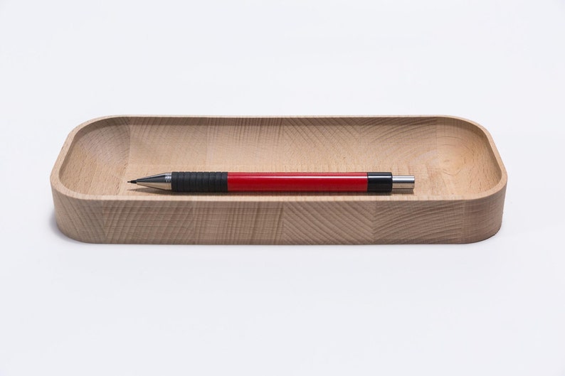 Beechwood Pen Tray, Wood Pencil Holder for Desk, Key Tray, Wooden Desk Organizer, Office Desktop Accessories, Work From Home, New Job Gift image 1