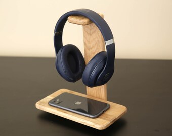Support pour casque audio en chêne fait main avec support pour téléphone : cadeau technique