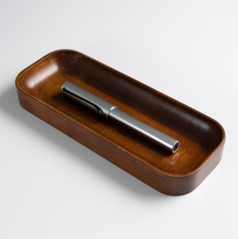 Beechwood Pen Tray, Wood Pencil Holder for Desk, Key Tray, Wooden Desk Organizer, Office Desktop Accessories, Work From Home, New Job Gift Dark Mahogany