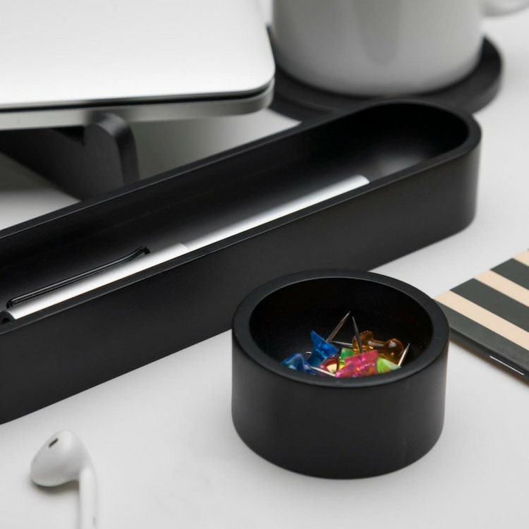 Small Black Paper Clip Holder, Round Paper Clip Cup, Wooden