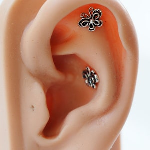 Black Butterfly -20 gauge,  18gauge ,16gauge Surgical stainless steel Labret Barbell,  Push Pin Post , Flat Back ,Cartilage earring