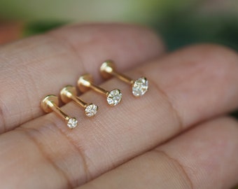 9K Gold Push Pin Labret - 18,16 Gauge Labret, Crystal Lip Labret ,Cartilage ,Tragus Ring, Helix Ring, Conch Piercing Stud