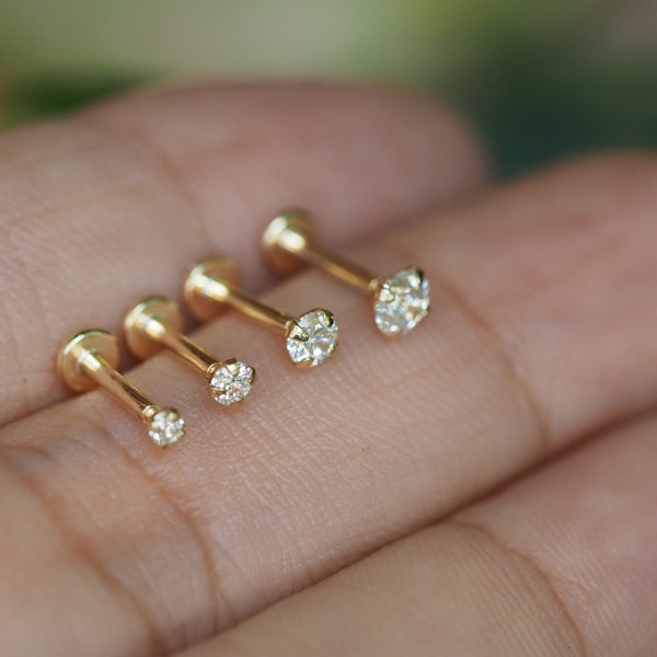 9K Gold Push Fit Labret - 18,16 Gauge Labret, Crystal Lip Labret ,Cartilage ,Tragus Ring, Helix Ring,Conch Piercing Stud