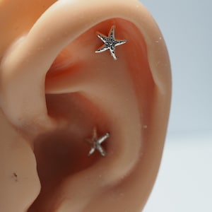 Sterling Silver Starfish -18g,  16g Surgical stainless steel Labret Barbell,  Push Pin Post , Flat Back ,Cartilage earring, Piercing Jewelry
