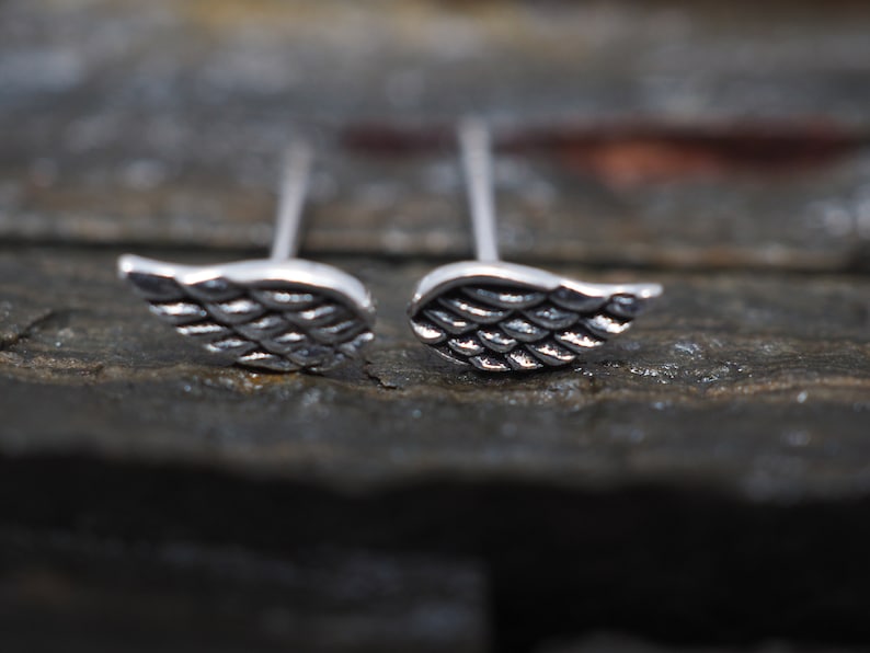 May include: A pair of silver wing-shaped stud earrings. The wings are detailed with a textured pattern.