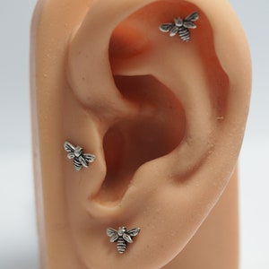 Tiny bee -20g, 18g, 16g Surgical stainless steel Labret Barbell,  Push Pin Post , Flat Back ,Cartilage earring, Piercing Jewelry