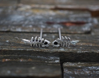 Sterling Silver Fishbone Earrings /FishBone Earrings, Animal Earrings/ Fish Stud Earrings/ Tiny Stud Earrings /Piercing Jewelry, Minimalistl