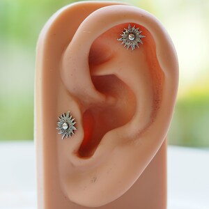 Sterling Silver Sun - 20g, 18g, 16g Surgical stainless steel Labret Barbell,  Push Pin Post , Flat Back ,Cartilage earring
