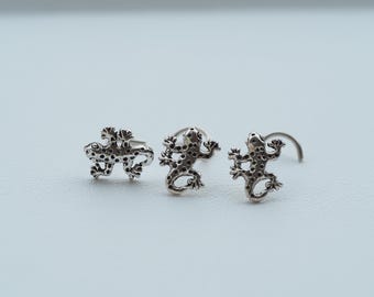 Gecko Nose Stud: Sterling Silver Lizard Nose Piercing (18, 20 Gauge)