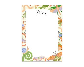 Notitieblok briefpapier A6 - insects, butterflies, snail, beetles - notes - to do plans | lijstje, notepad | stationery | illustratie lente