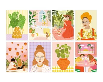 Illustratie kaarten - mini art print - women, cats, bike, gardening