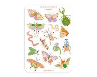 Stickervel A6 illustraties - cute insects, butterflies, beetle - sticker sheet | bullet journaling, scrapbooking, journal stickers, planner