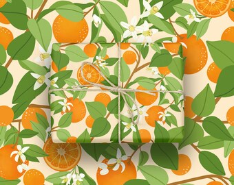 Luxe inpakpapier - Cadeauverpakking | speciaal origineel papier | schattige geïllustreerde sinaasappels | fruit illustraties