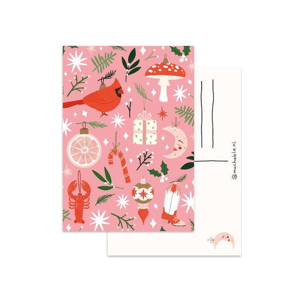 Weihnachtskarte Illustration Muster niedliche Ornamente | Mini-Kunstdruck, handgezeichnetes Postkartendesign | Saisonkarte
