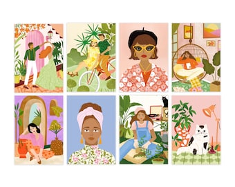 Illustratie kaarten - mini art print - women, cats, bike, gardening