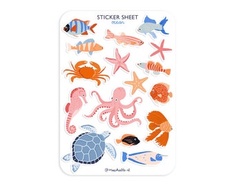 Stickervel A6 illustraties - ocean animals - fishes, sea turtle, crab | bullet journaling, scrapbooking, journal stickers, planner