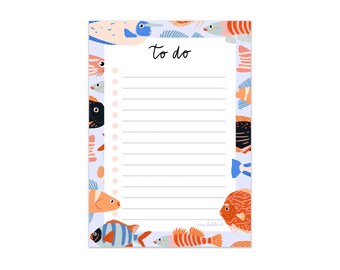 Notitieblok briefpapier A6 - illustrated fishes, ocean - to do plans | lijstje, notepad | stationery | illustratie lente