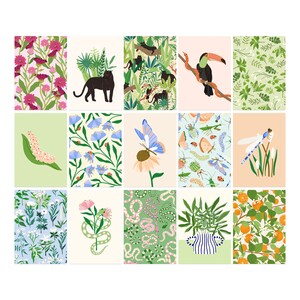 Set van 15 gift tags/mini kaartjes | cadeaukaartjes bloemen | 15 verschillende kleine kaartjes | bloemen, natuur, jungle, kriebelbeestjes