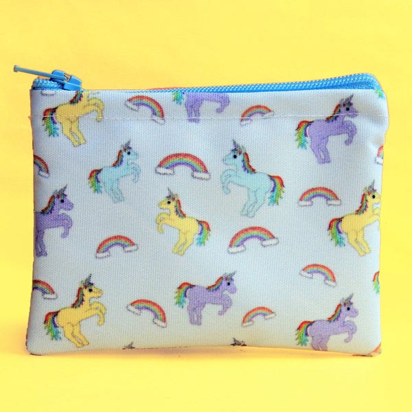 Unicorn coin purse - small zip purse - unicorn gift - unique unicorn print - water resistant fabric - swimming purse - blue purse for child
