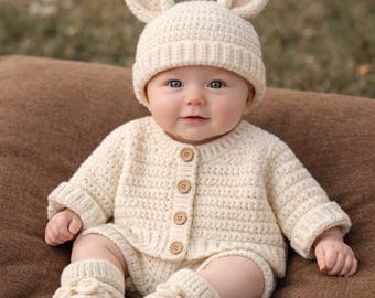 Conjunto de crochê para bebê com coelhinho, composto por casaquinho, gorro e sapatinhos.