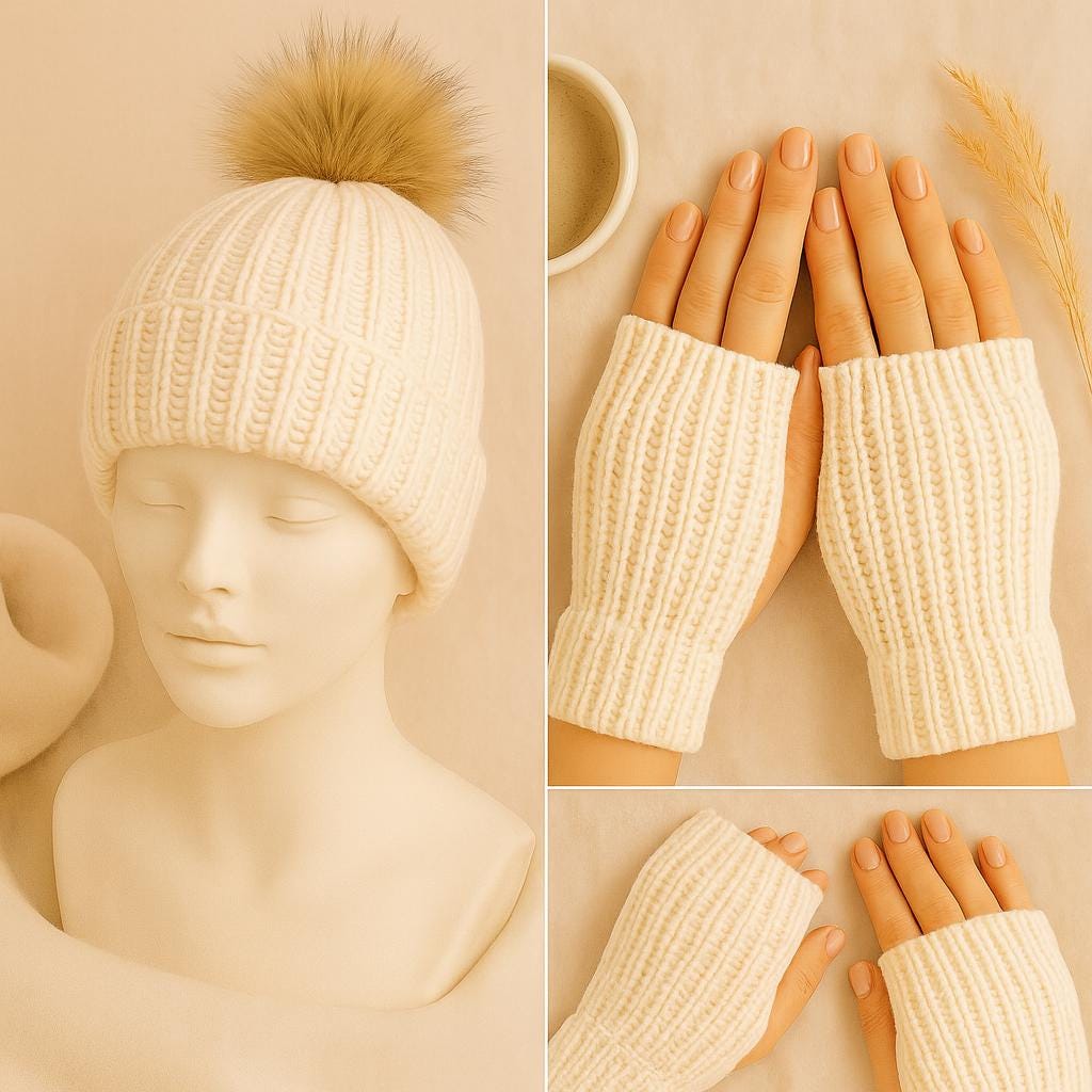Handmade Cream Knit Beanie Set With Faux Fur Pom 