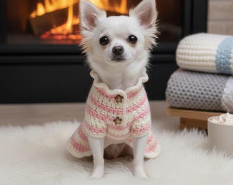 Crochet Chihuahua Winter Dress - Light Pink & White Striped Dog Sweater