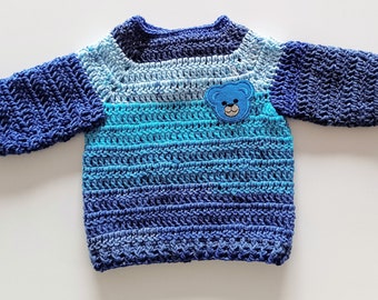 Newborn Baby Boy Blue jumper - Crochet Baby Boy Sweater With Tddy Motif.