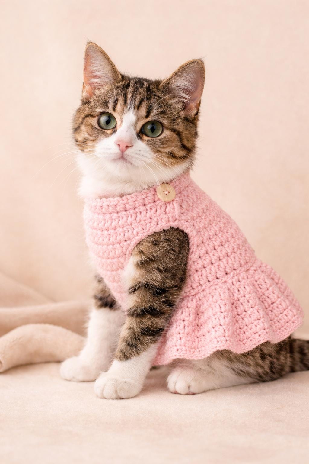 Handmade Crochet Cat Dress – Soft Pink DC Stitch Pet Outfit