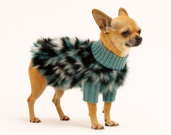 Suéter para perro hecho a mano de piel sintética / Suéter de chihuahua acanalado color verde azulado
