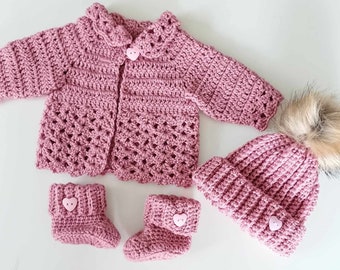 Pink Baby Girl Cardigan Set - Rose Pink - Hat Booties Cardigan