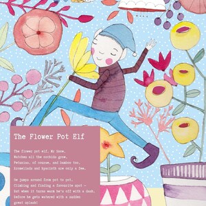 May include: A whimsical illustration of a flower pot elf, with a blue hat and brown shoes, tending to a yellow flower. The elf is jumping between two flower pots, one pink and one purple, with a blue background dotted with white. The text "The Flower Pot Elf" is written in pink at the bottom of the image.