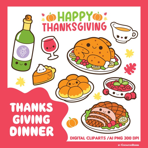Thanksgiving dinner clipart,  turkey gravy clipart, Thanksgiving food clipart, kawaii Thanksgiving clipart, Thanksgiving turkey clipart, pie