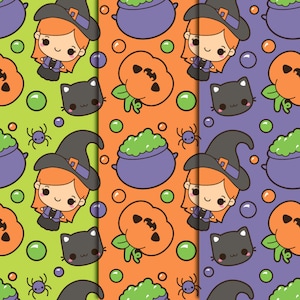 May include: A repeating pattern featuring Halloween-themed illustrations. The design includes a cartoon witch with orange hair and a black hat, a black cat, a jack-o'-lantern, a cauldron, green bubbles, and spiders. The background colors are green, orange, and purple.