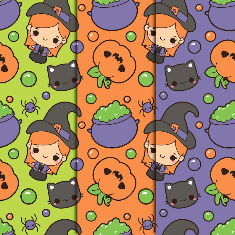 May include: A repeating pattern featuring Halloween-themed illustrations. The design includes a cartoon witch with orange hair and a black hat, a black cat, a jack-o'-lantern, a cauldron, green bubbles, and spiders. The background colors are green, orange, and purple.