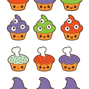 May include: A set of 18 Halloween-themed cupcakes with various decorations, including ghosts, witches, eyeballs, and tombstones. Each cupcake has a different expression, such as happy, surprised, or angry.