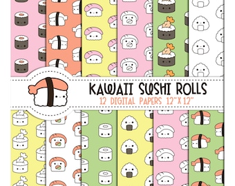 Sushi digital papers, kawaii sushi digital papers, sushi digital pattern, sushi rolls clipart, kawaii food digital paper, cute sushi clipart