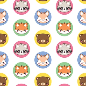May include: A seamless pattern featuring cute animal faces in colorful circles. The animals include a raccoon, a fox, a deer, and a bear. The background is white.