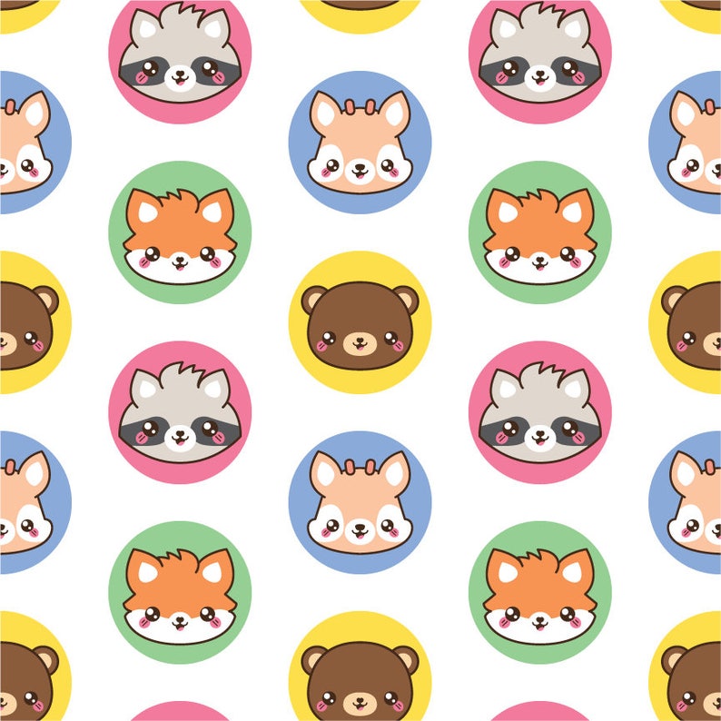 May include: A seamless pattern featuring cute animal faces in colorful circles. The animals include a raccoon, a fox, a deer, and a bear. The background is white.