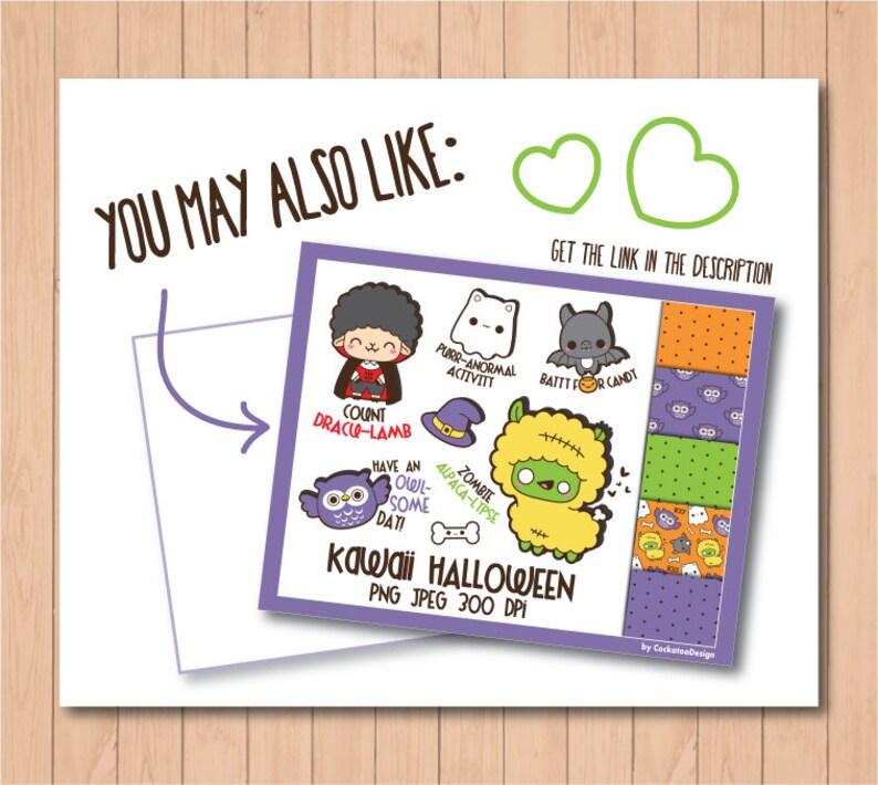 May include: A digital download of Kawaii Halloween clip art featuring a variety of cute characters, including a vampire lamb, a ghost, a bat, a zombie alpaca, and an owl. The clip art is in PNG and JPEG format and is 300 DPI.