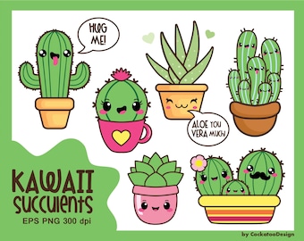 Kawaii cactus clipart, succulent clipart, kawaii cacti, Valentine clipart,  kawaii clipart, kawaii succulent, cactus clip art, PNG clipart